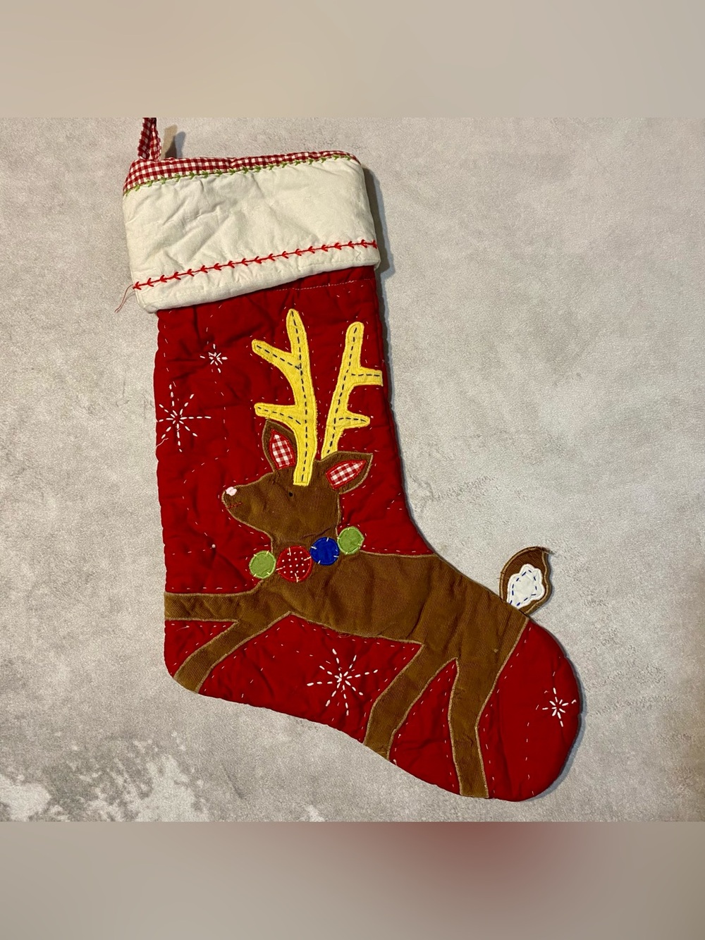 Pottery Barn Kids PBK Red Quilted Christmas Stocking Reindeer Appliqué Large